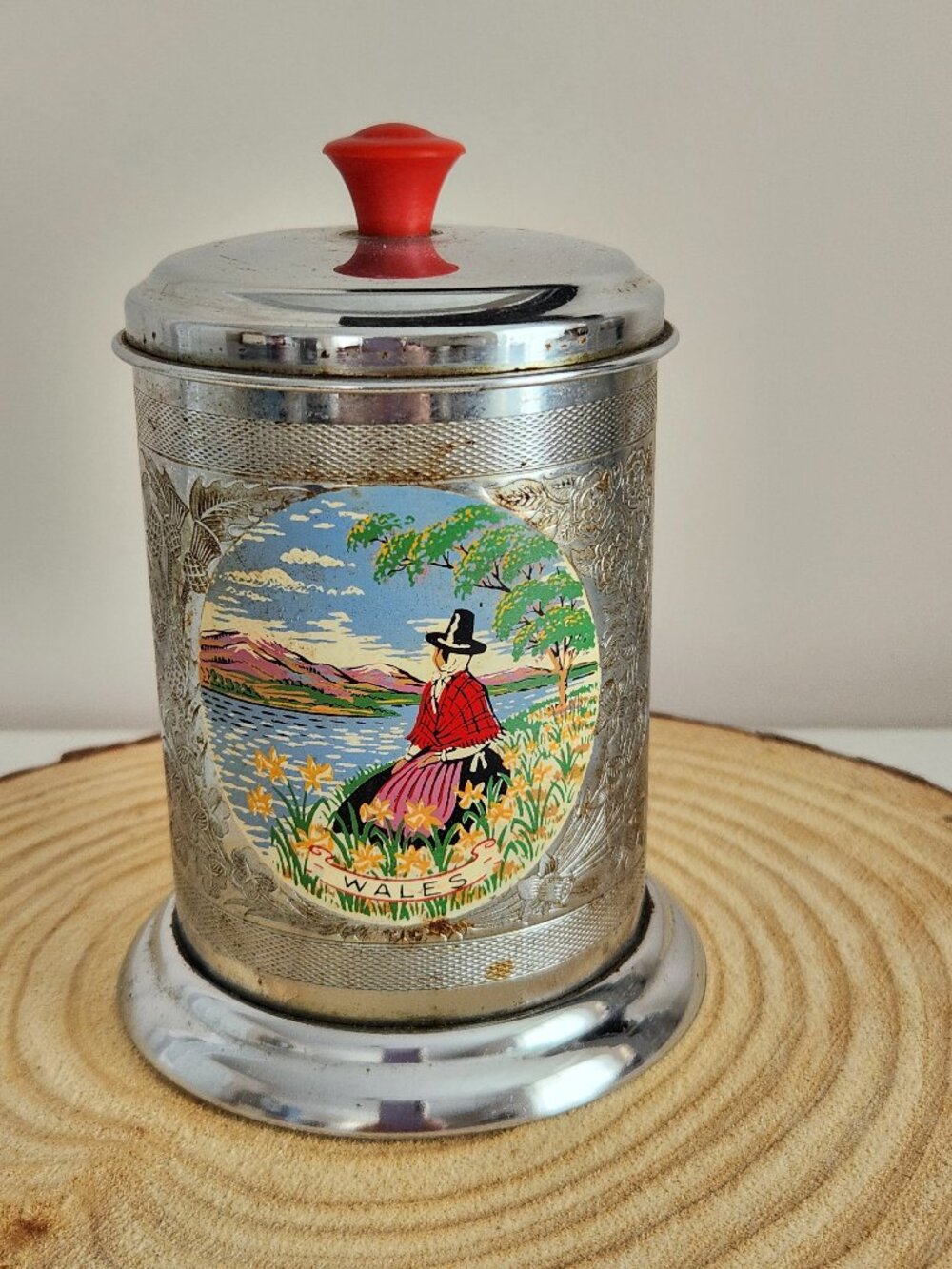 Vintage Mid-Century Chrome Tea Caddy “Wales” - Welsh Woman